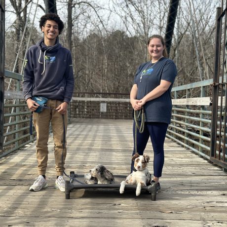 Two K9 Ambitions trainers standing on a bridge with two dogs holding a place command